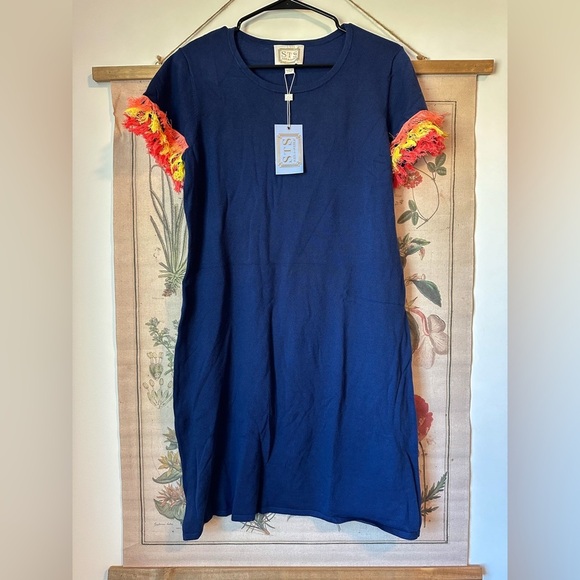 NWT Sail to Sable Textured Fringe Short Sleeve A Line Knee Length Dress Navy M - Picture 1 of 12